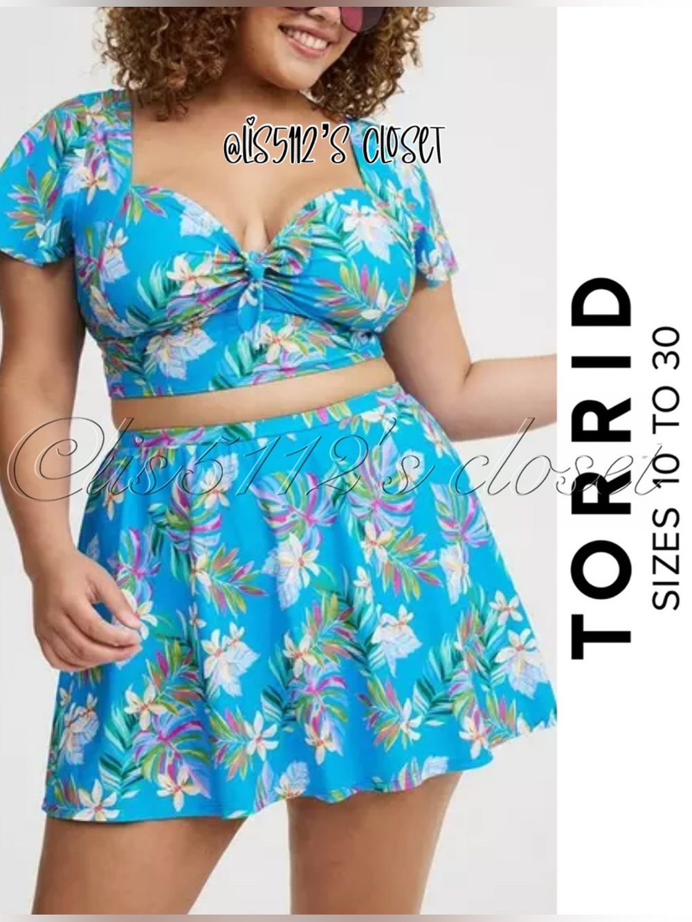 Torrid Blue Lush Tropical Wireless Bikini Top & Swim Skort Swimsuit SET 3X 22 24